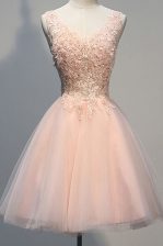  V-neck Sleeveless Tulle Prom Party Dress Appliques Zipper