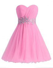 Custom Made Knee Length Rose Pink Prom Gown Chiffon Sleeveless Beading and Ruching