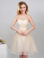 Custom Fit Halter Top Lace and Appliques and Belt Dama Dress for Quinceanera Champagne Lace Up Sleeveless Mini Length