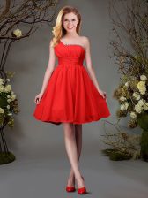 Glittering One Shoulder Red Zipper Quinceanera Court Dresses Beading and Ruching Sleeveless Mini Length