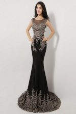 Gorgeous Black Mermaid Silk Like Satin Scoop Sleeveless Appliques Floor Length Zipper Prom Party Dress Brush Train