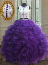  Scoop Purple Sleeveless Floor Length Appliques Clasp Handle Quinceanera Gown
