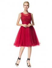  Red Scoop Neckline Lace Prom Dress Sleeveless Zipper