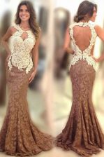 Simple Mermaid Scoop Sleeveless Homecoming Dress Sweep Train Appliques Brown Lace