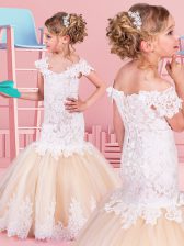 Fabulous Mermaid Off the Shoulder Short Sleeves With Train Lace Lace Up Flower Girl Dresses for Less with White and Champagne Brush Train
