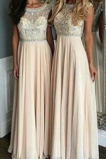 Modern Cap Sleeves Chiffon Floor Length Side Zipper Dress for Prom in Champagne with Beading