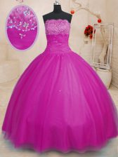  Fuchsia Tulle Lace Up Quinceanera Gowns Sleeveless Floor Length Beading