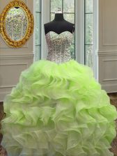 Free and Easy Floor Length Lace Up Quinceanera Dress Yellow Green for Military Ball and Sweet 16 and Quinceanera with Beading and Ruffles