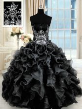  Floor Length Lace Up Quinceanera Dress Black for Military Ball and Sweet 16 and Quinceanera with Beading and Ruffles