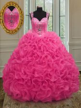 Modern Hot Pink Sweet 16 Quinceanera Dress Military Ball and Sweet 16 and Quinceanera with Beading and Ruffles Straps Sleeveless Zipper