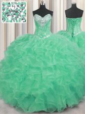  Apple Green Organza Lace Up Sweetheart Sleeveless Floor Length Quince Ball Gowns Beading and Ruffles