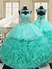 Edgy Apple Green 15 Quinceanera Dress Military Ball and Sweet 16 and Quinceanera with Beading and Ruffles Scoop Sleeveless Court Train Lace Up