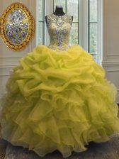 Admirable Yellow Ball Gowns Organza Scoop Sleeveless Beading and Ruffles and Pick Ups Floor Length Lace Up Quinceanera Gown