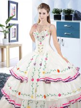 Fantastic Scoop Sleeveless Organza and Taffeta Floor Length Lace Up 15 Quinceanera Dress in White with Beading and Embroidery and Ruffled Layers