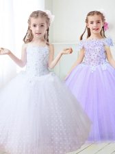 Dramatic White Flower Girl Dress Party and Quinceanera and Wedding Party with Beading and Appliques Spaghetti Straps Sleeveless Zipper