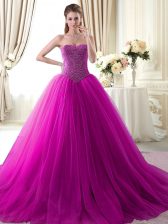 Luxury Sleeveless With Train Beading Lace Up Sweet 16 Quinceanera Dress with Fuchsia Brush Train