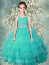  Turquoise Halter Top Zipper Beading and Ruffled Layers Pageant Gowns For Girls Sleeveless