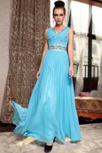 Modest Ankle Length Baby Blue Prom Gown Chiffon Sleeveless Beading and Appliques and Ruching