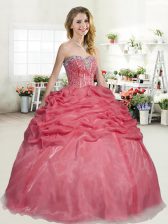  Coral Red Ball Gowns Beading and Pick Ups 15th Birthday Dress Lace Up Organza Sleeveless Floor Length