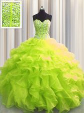 Sumptuous Visible Boning Yellow Green Ball Gowns Sweetheart Sleeveless Organza Floor Length Lace Up Beading and Ruffles Quinceanera Gown