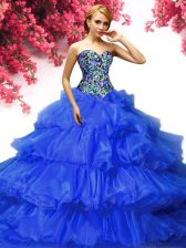 Royal Blue Lace Up Vestidos de Quinceanera Beading and Ruffled Layers Sleeveless Floor Length