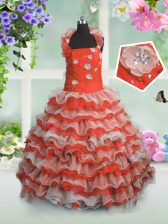 Stylish Ruffled Coral Red Sleeveless Organza Lace Up Kids Formal Wear for Party and Wedding Party