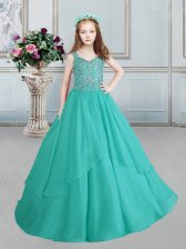  Straps Turquoise Organza Lace Up Child Pageant Dress Sleeveless Floor Length Beading