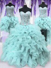 Delicate Four Piece Sequins Ball Gowns Quinceanera Gown Light Blue Sweetheart Organza Sleeveless Floor Length Lace Up