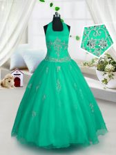 Graceful Halter Top Sleeveless Tulle Child Pageant Dress Appliques Lace Up
