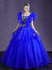 Traditional Sweetheart Sleeveless 15th Birthday Dress Floor Length Appliques and Ruffles Royal Blue Organza