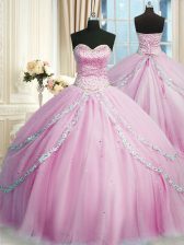 Fine Lilac Ball Gowns Tulle Sweetheart Sleeveless Beading and Appliques With Train Lace Up Quince Ball Gowns Court Train