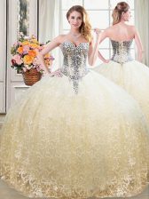  Champagne Ball Gowns Sweetheart Sleeveless Tulle and Lace Floor Length Lace Up Beading and Lace Quinceanera Dress