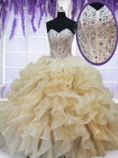 Dramatic Organza Sleeveless Floor Length Quince Ball Gowns and Beading and Ruffles