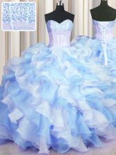 Custom Made Two Tone Visible Boning Blue And White Ball Gowns Sweetheart Sleeveless Organza Floor Length Lace Up Beading and Ruffles Quinceanera Dress
