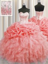 Latest Visible Boning Watermelon Red Ball Gowns Sweetheart Sleeveless Organza Floor Length Lace Up Ruffles and Pick Ups Vestidos de Quinceanera