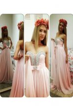 Top Selling A-line Evening Dress Pink Strapless Chiffon Sleeveless Floor Length Zipper