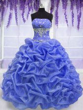  Floor Length Blue Sweet 16 Dresses Organza Sleeveless Beading and Pick Ups