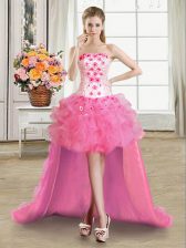  Rose Pink Ball Gowns Strapless Sleeveless Organza High Low Lace Up Beading and Appliques and Ruffles Evening Dress