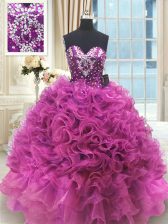 Ideal Fuchsia Sleeveless Organza Lace Up Quinceanera Dress for Military Ball and Sweet 16 and Quinceanera