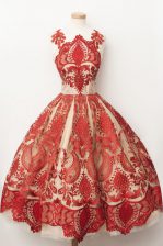 Amazing Red Zipper Prom Dress Lace Sleeveless Tea Length