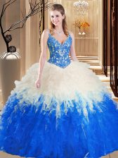  Straps Blue And White Ball Gowns Lace and Ruffles Sweet 16 Dress Lace Up Tulle Sleeveless Floor Length
