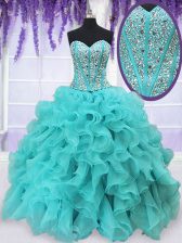 Lovely Aqua Blue Sleeveless Floor Length Beading and Ruffles Lace Up Quinceanera Gown