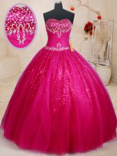 Hot Selling Fuchsia Sleeveless Floor Length Beading and Sequins Lace Up Vestidos de Quinceanera