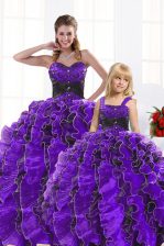 Glamorous Black And Purple Organza Lace Up Sweetheart Sleeveless Floor Length 15th Birthday Dress Beading and Appliques and Ruffles