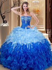 Top Selling Multi-color and Blue And White Lace Up Sweetheart Embroidery and Ruffles Quinceanera Dresses Organza Sleeveless
