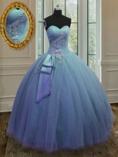  Blue Ball Gowns Beading and Ruching Quinceanera Gown Lace Up Tulle and Sequined Sleeveless Floor Length