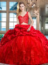 Designer Red Two Pieces Lace and Ruffles and Pick Ups Ball Gown Prom Dress Zipper Taffeta and Tulle Sleeveless