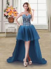 Great High Low Teal Evening Dress Tulle Sleeveless Beading and Sequins