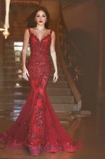 Clearance Mermaid Red Backless Appliques and Sequins Sleeveless With Train Sweep Train