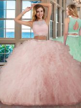 Fantastic Scoop Backless Floor Length Pink Quinceanera Dress Tulle Sleeveless Beading and Ruffles